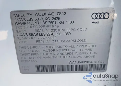 2013 Audi Q5 2.0T Premium из США, поврежденный, VIN WA1LFAFP8DA010324